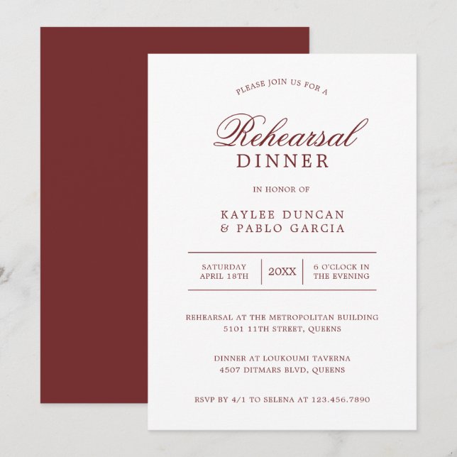 Simple Burgundy White Minimalist Rehearsal Dinner Invitation (Front/Back)