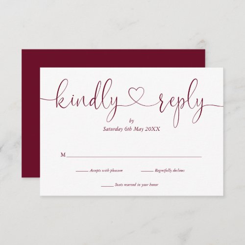 Simple Burgundy White Script Heart Kindly Reply RSVP Card
