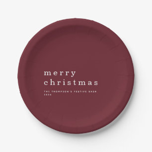 Simple Burgundy White Typography Merry Christmas Paper Plates