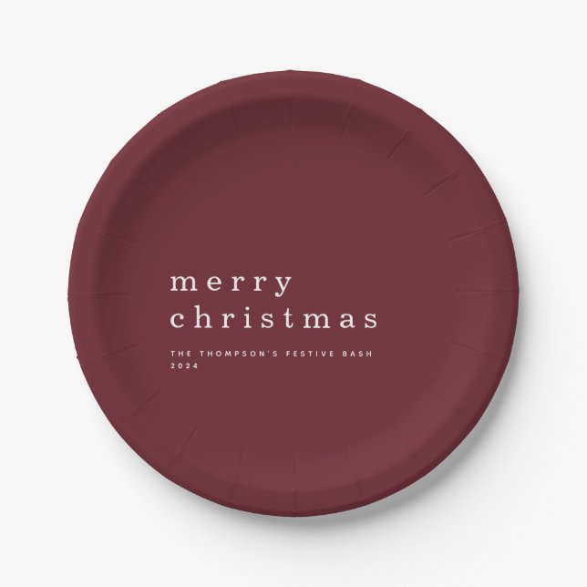 Simple Burgundy White Typography Merry Christmas Paper Plates (Front)