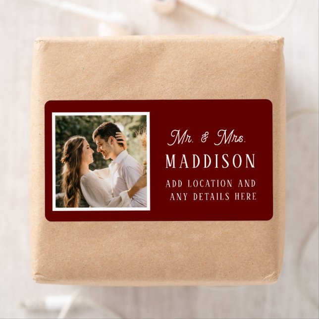 Simple Burgundy & White Wedding Photo Label (Insitu)