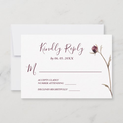 Simple Burgundy Wild Flower Floral Wedding RSVP Card