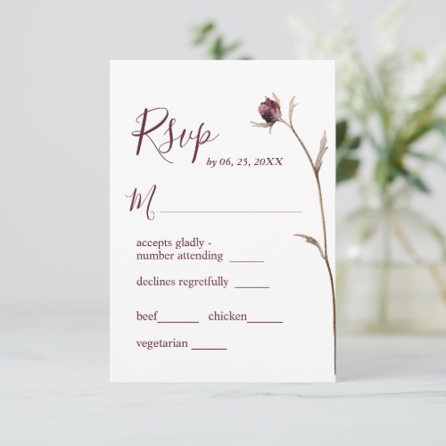 Simple Burgundy Wild Flower Meal Choices Wedding RSVP Card