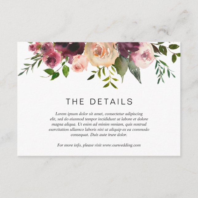 Simple Burgundy Wine Fall Floral Elegant Wedding Enclosure Card (Front)