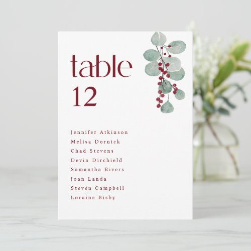Simple Burgundy Winter Wedding Seating Chart Cards