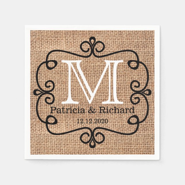 Simple Burlap Bride Groom Wedding Monogram Napkins (Front)