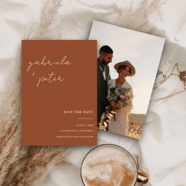 Simple Burnt Orange Photo Wedding Save The Date Invitation (Creator Uploaded)