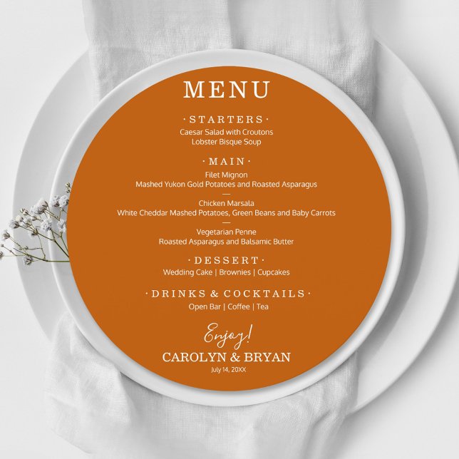 Simple Burnt Orange Round Wedding Dinner Menu (Creator Uploaded)