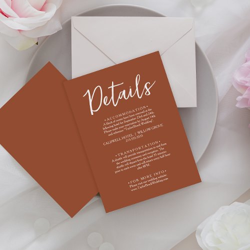 Simple Burnt Orange Script Boho Wedding Details Enclosure Card
