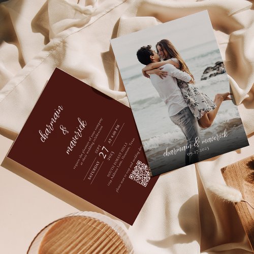 Simple Burnt Orange Script Photo QR Code Wedding Invitation