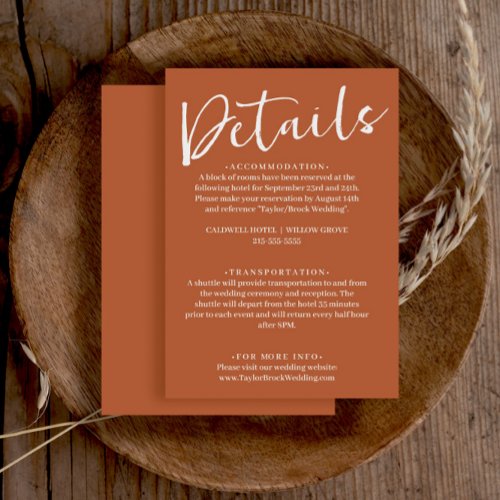 Simple Burnt Orange Terracotta Wedding Details  Enclosure Card