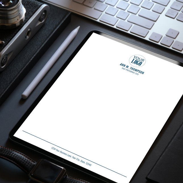 Simple Business Logo Professional Blue Letterhead (Business logo custom letterhead stationery.)