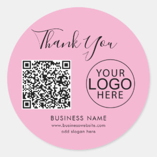 Simple Business Logo QR Code Custom Pink Thank You Classic Round Sticker