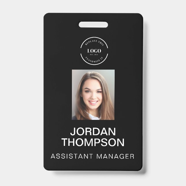 Simple Business Logo QR code Employee photo black Badge (Front)