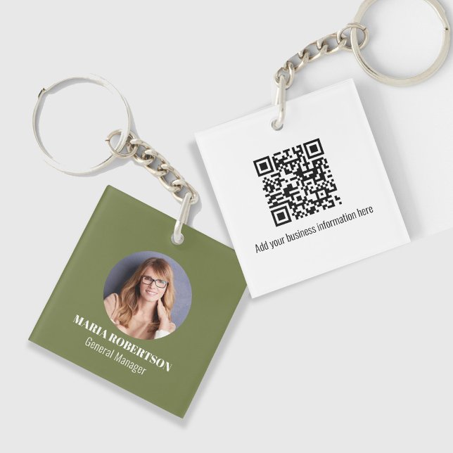 Simple Business Photo QR Code Green Keychain (Green Photo ID keychain with QR code template.)