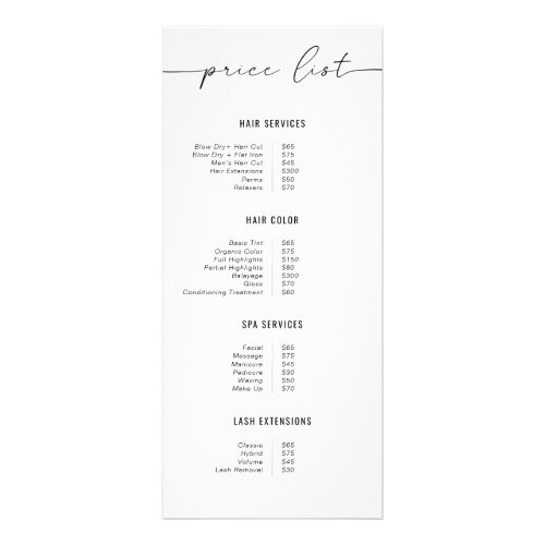 Simple Business Pricing Guide List  Beauty Salon Rack Card