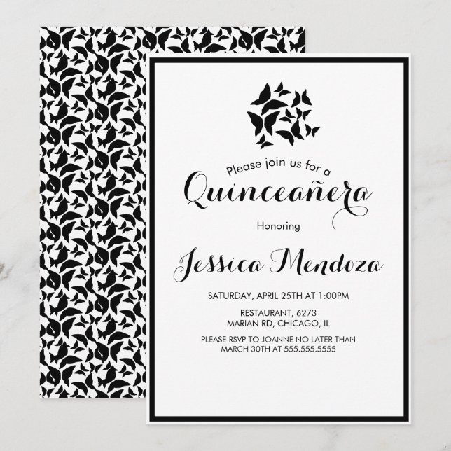 Simple Butterflies Black White Quince Sweet 16  Invitation (Front/Back)