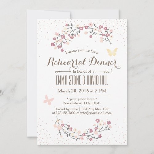 Simple Butterfly  Flowers Garden Rehearsal Dinner Invitation