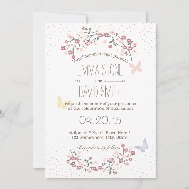 Simple Butterfly & Flowers Spring Wedding Invitation (Front)