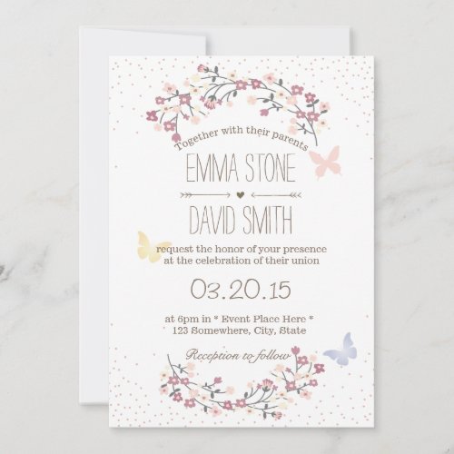 Simple Butterfly &amp; Flowers Spring Wedding 5x7 Paper Invitation Card