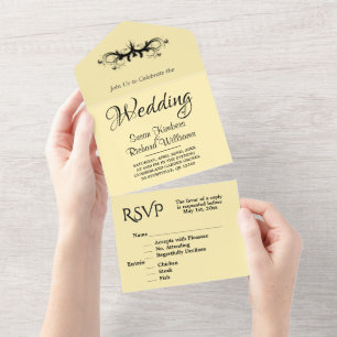 Simple Buttermilk & Black Tri Fold  Rsvp Wedding All In One Invitation
