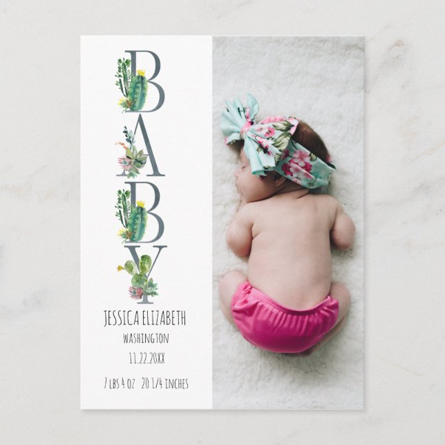 Simple Cactus Baby Photo Birth Announcement (Front)