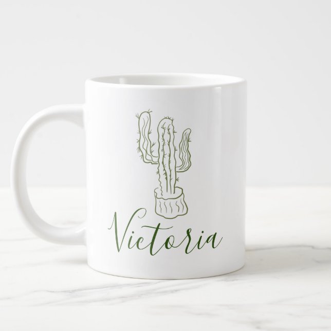Simple Cactus Doodle Name Giant Coffee Mug (Left)