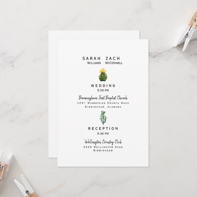 Simple Cactus Two Venue White Wedding Invitation (Front/Back In Situ)