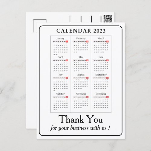 Simple Calendar 2023 Custom Business Thank You Postcard