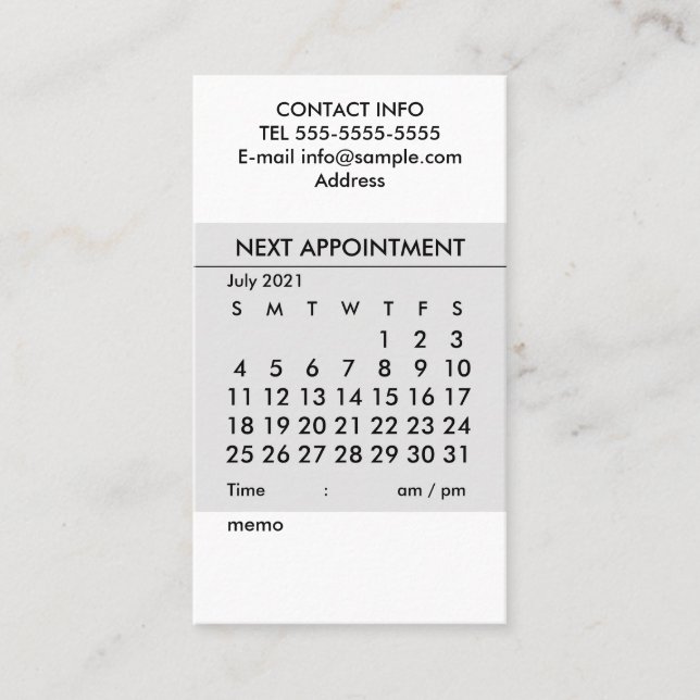 Simple calendar July 2021 Business Card (Front)