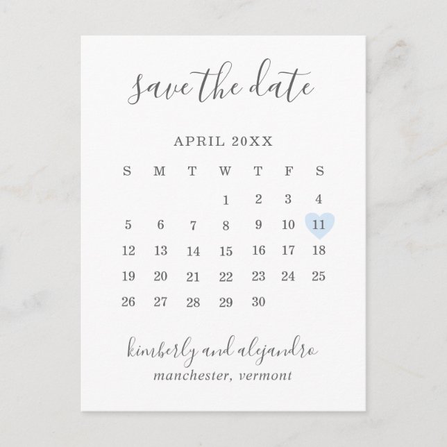 Simple Calendar Pastel Blue Heart Save the Date Announcement Postcard (Front)