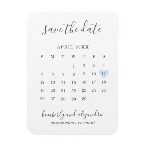 Simple Calendar Pastel Blue Heart Save the Date Magnet