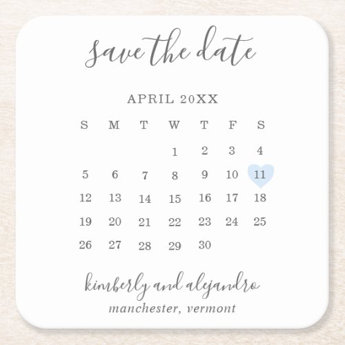 Simple Calendar Pastel Blue Heart Save the Date Square Paper Coaster