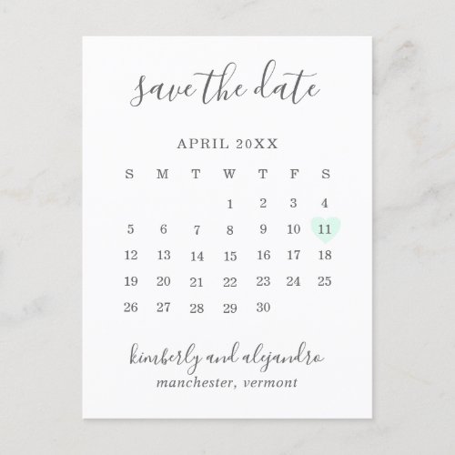 Simple Calendar Pastel Green Heart Save the Date Announcement Postcard
