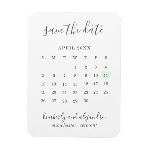 Simple Calendar Pastel Green Heart Save the Date Magnet