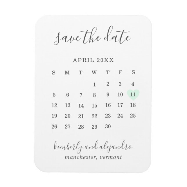 Simple Calendar Pastel Green Heart Save the Date Magnet (Vertical)