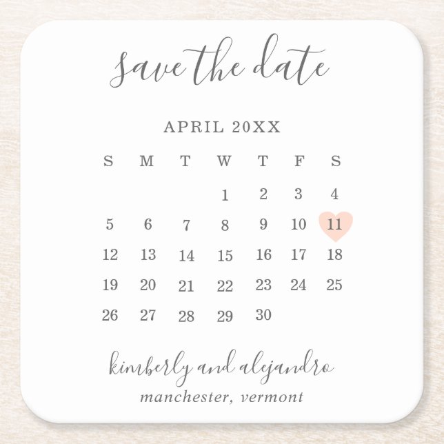 Simple Calendar Pastel Peach Heart Save the Date Square Paper Coaster (Front)
