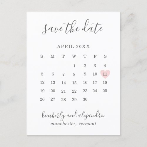 Simple Calendar Pastel Pink Heart Save the Date Announcement Postcard