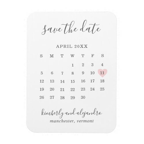 Simple Calendar Pastel Pink Heart Save the Date Magnet