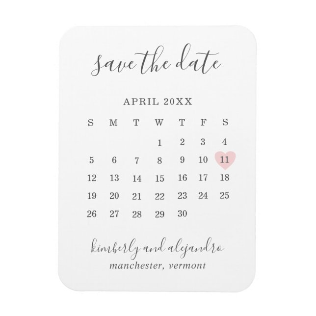 Simple Calendar Pastel Pink Heart Save the Date Magnet (Vertical)