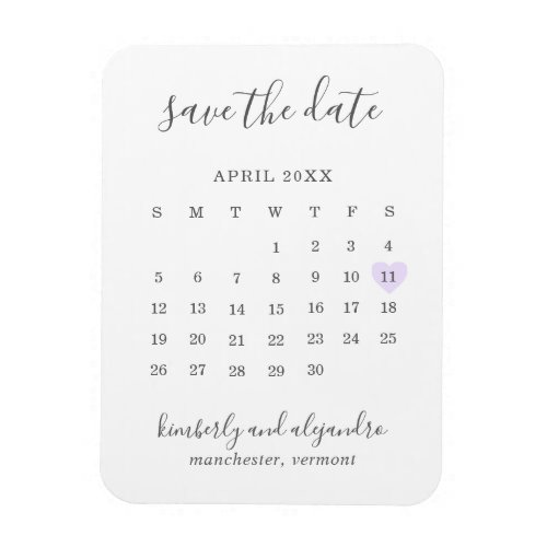 Simple Calendar Pastel Purple Heart Save the Date Magnet
