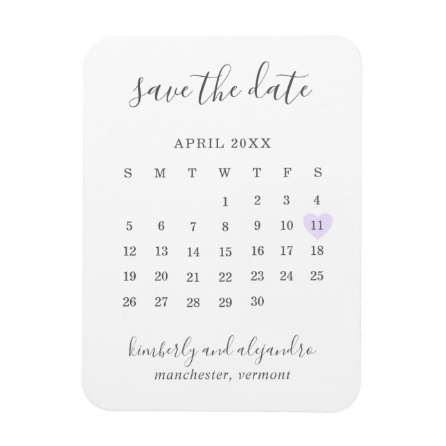 Simple Calendar Pastel Purple Heart Save the Date Magnet (Vertical)