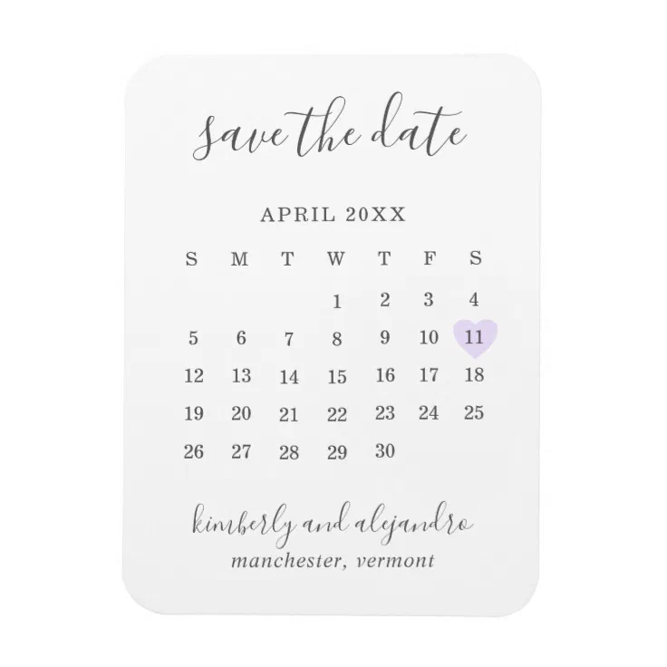 Simple Calendar Pastel Purple Heart Save the Date Zazzle