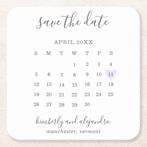 Simple Calendar Pastel Purple Heart Save the Date Square Paper Coaster