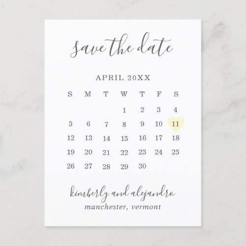 Simple Calendar Pastel Yellow Heart Save the Date Announcement Postcard