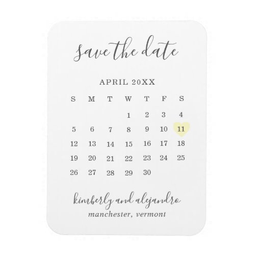 Simple Calendar Pastel Yellow Heart Save the Date Magnet