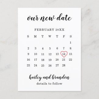 Simple Calendar Red Heart Wedding Postponement Announcement Postcard