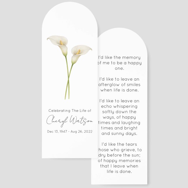 Simple Calla lily Funeral Memorial Bookmark (Front & Back)