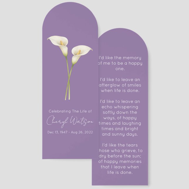 Simple Calla lily Funeral Memorial Bookmark (Front & Back)
