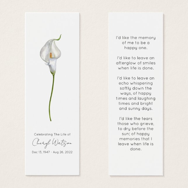 Simple Calla Lily Funeral Memorial Bookmark (Front & Back)